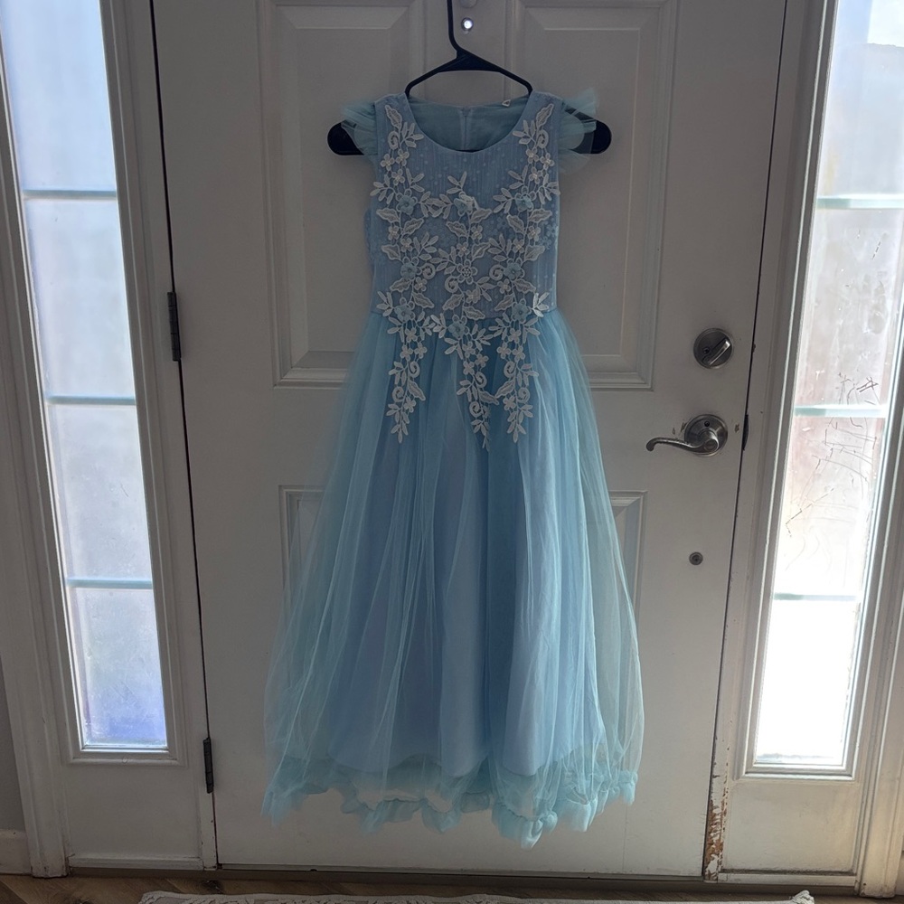 Elegant Blue Kids Dress with Floral Lace